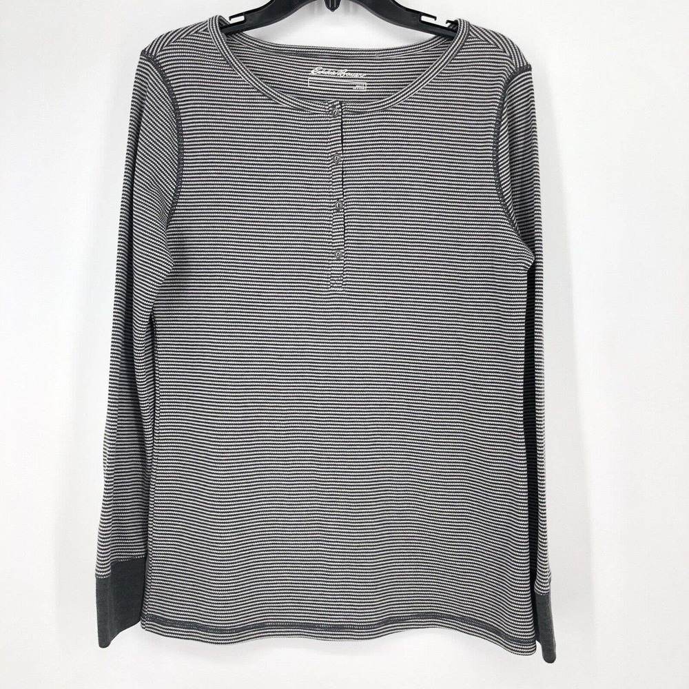 Eddie Bauer Size L Knit Henley Long Sleeve Shirt Gray Stripe Stretch